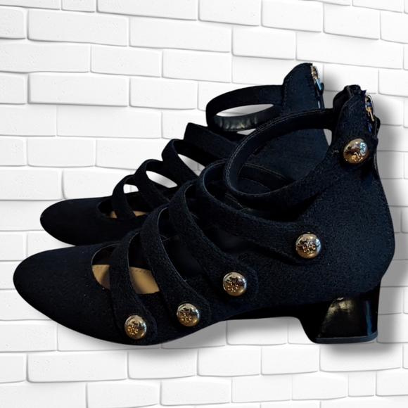 Tory Burch Marisa 40 mm Strappy Pumps Military Gold Buttons Royal Navy Size 8 - Picture 3 of 10